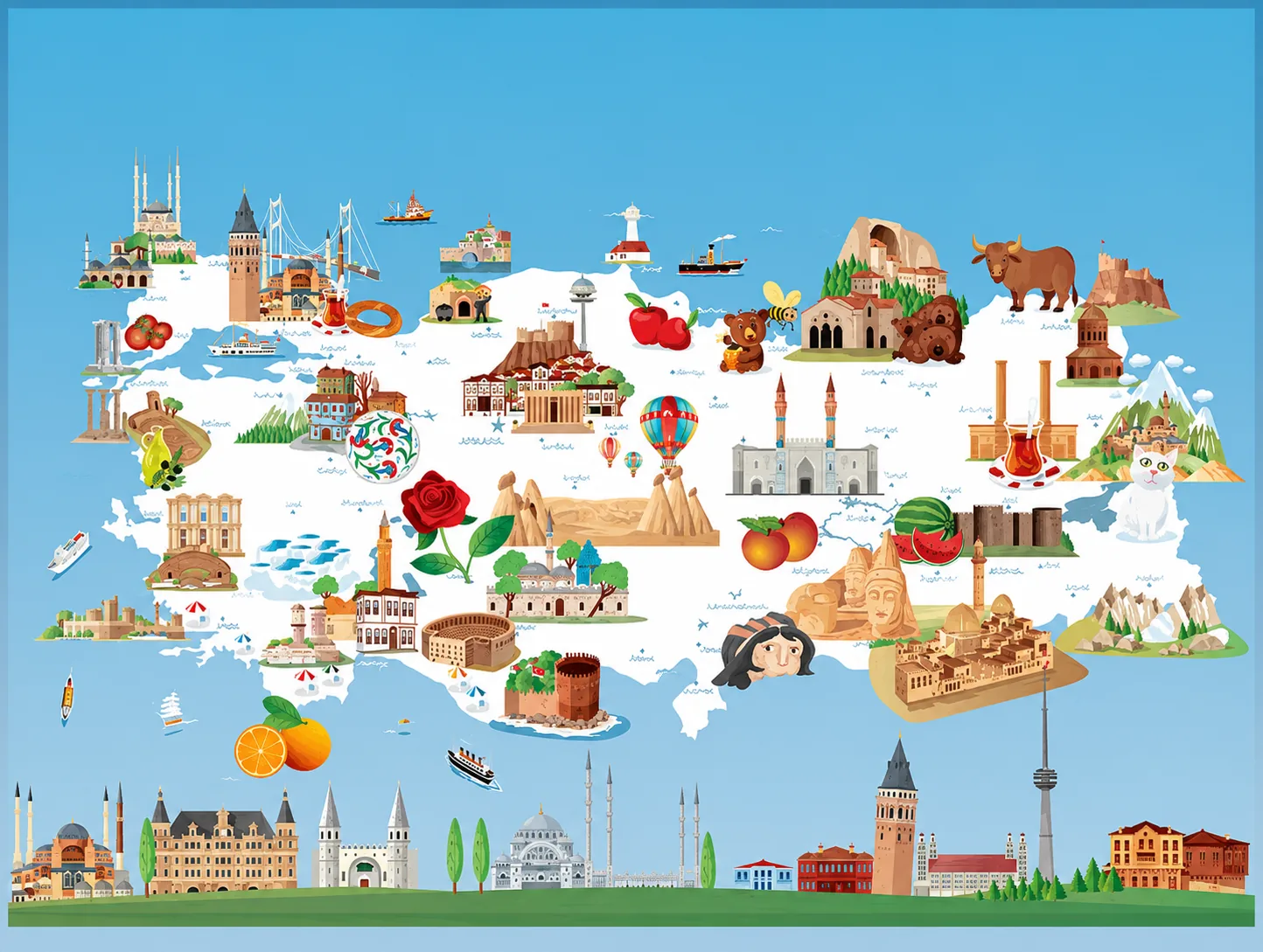 Mapa ilustrado da Turquia com referências culturais e geográficas do país